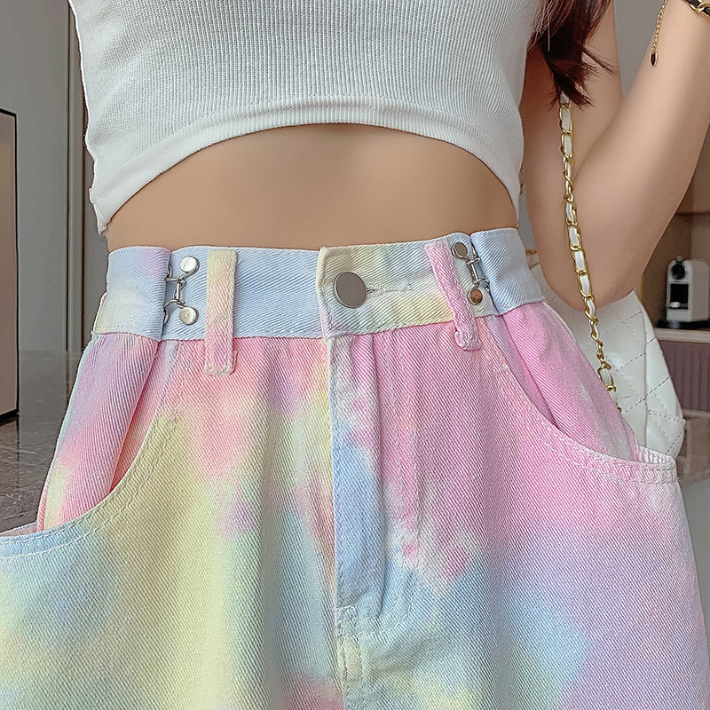 KittenAlarm - Pink Tie Dye Wide Leg Shorts Jeans