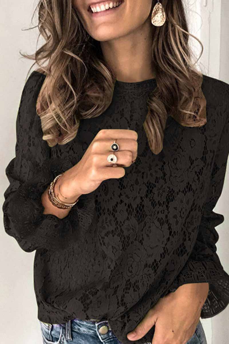 Florcoo Long Sleeve Openwork Lace Blouse(4 Colors)