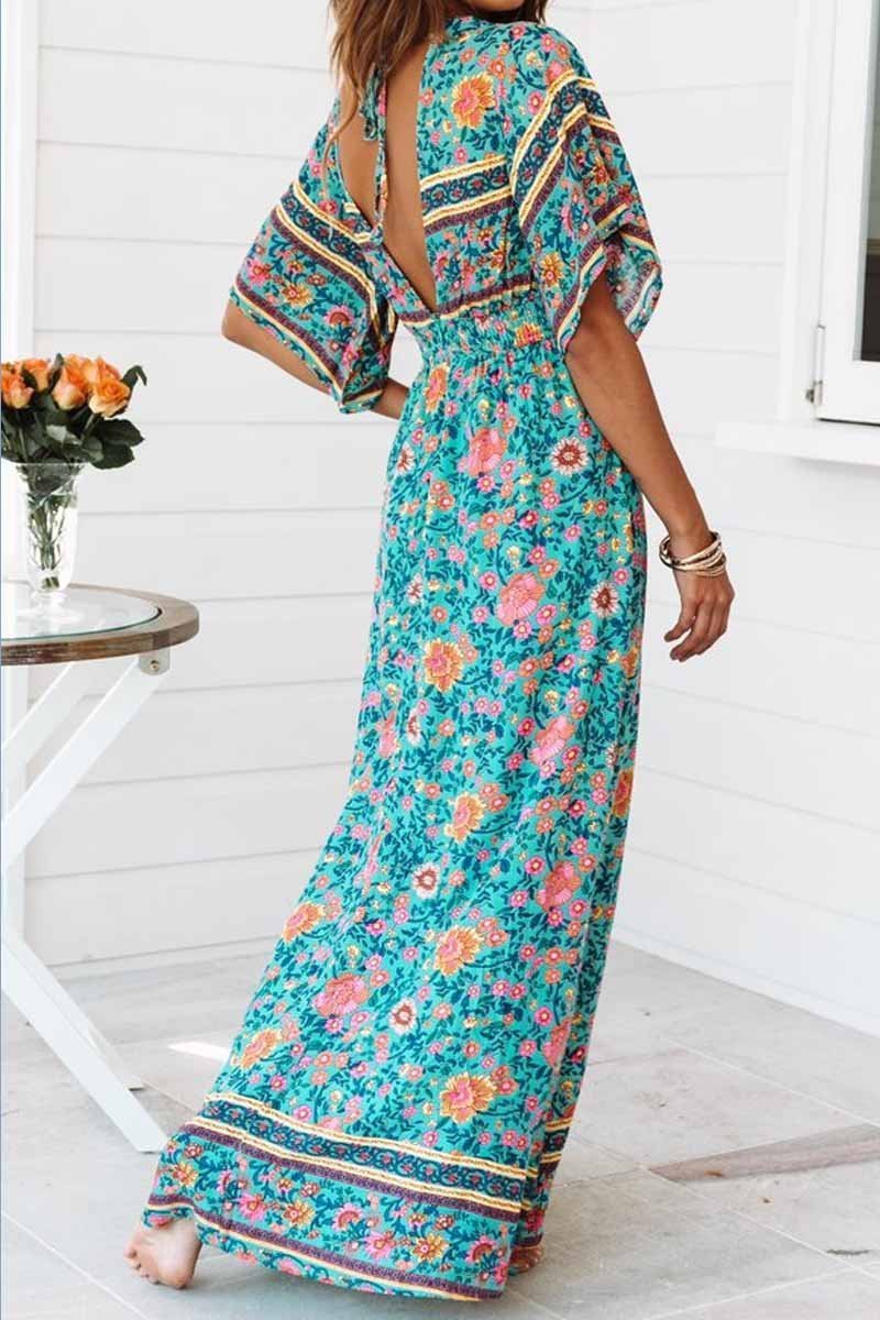 Florcoo Floral Printed Blue Ankle Length Dress