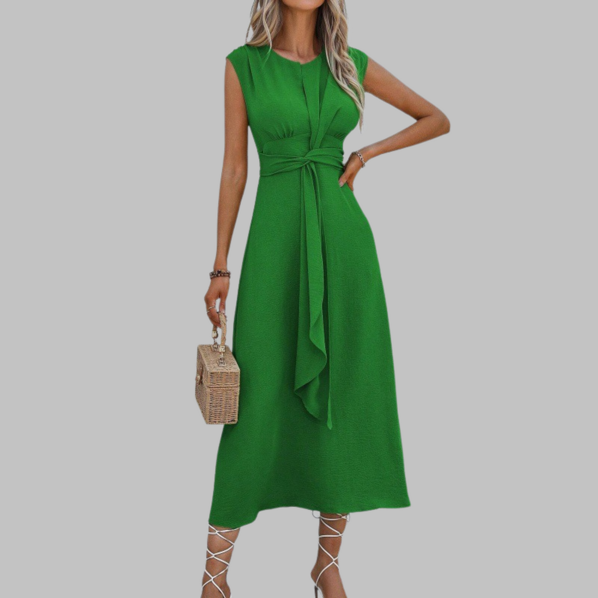 Round Neck Cap Sleeve Tie Waist A-Line Midi Dress 7