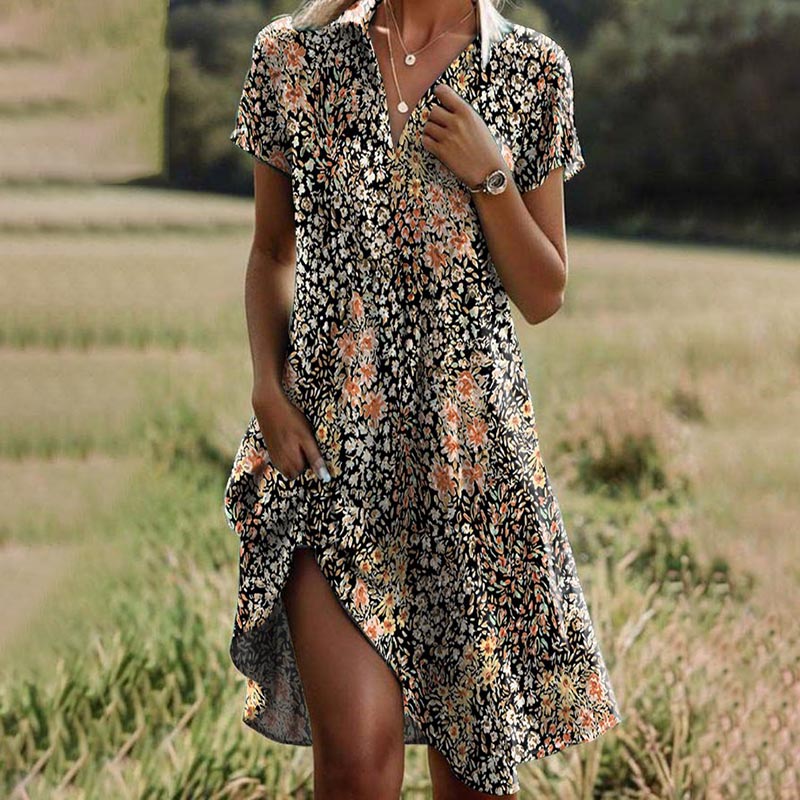 Floral Print Collared Short Sleeve Button Front Flowy Midi Dress - View 2