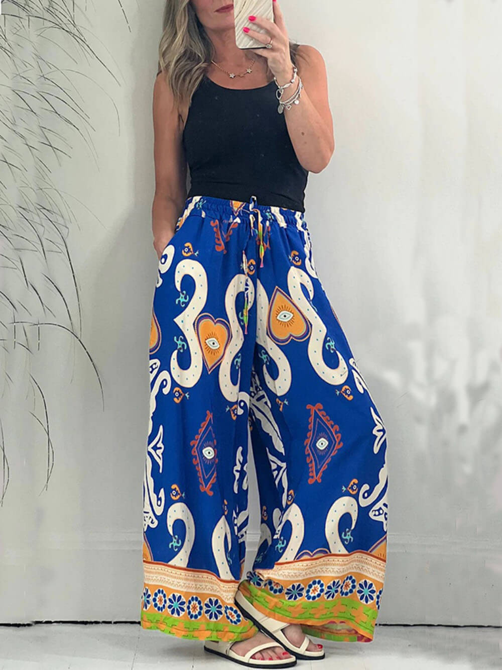 Printed Pocketed Drawstring Elastic Waist Pants - Fashionpara