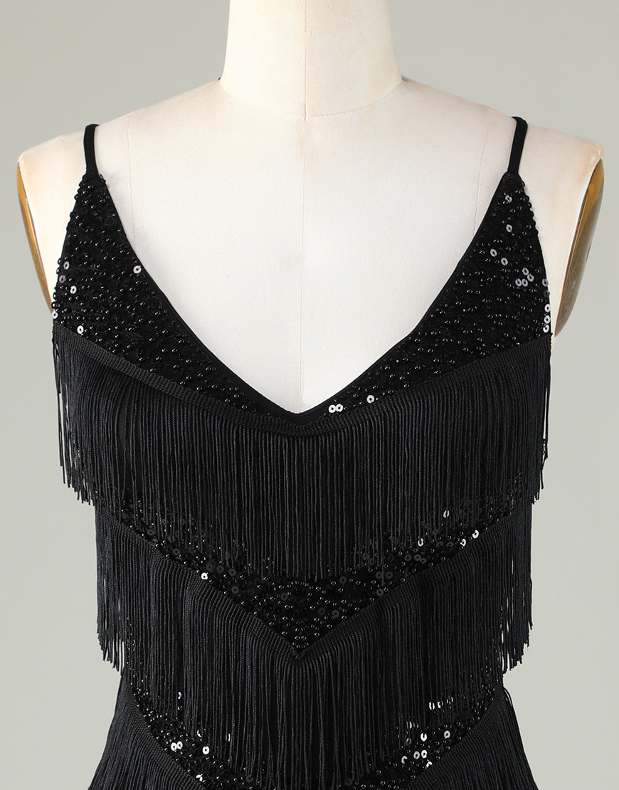 Gorgeous Black V-Neck Tight Tassel Homecoming Dress - Fashionpara