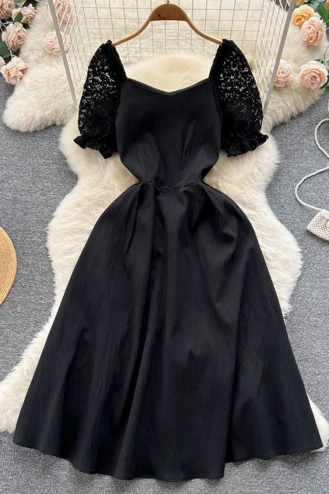 Elegant Lace Puff Sleeve Sash Bandage Dress Lady Vacation Party Long Dress