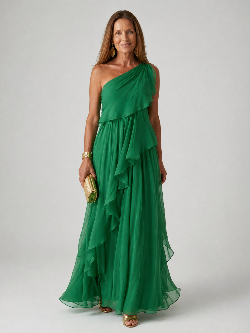 One Shoulder Ruffle Draped Chiffon Maxi Gown