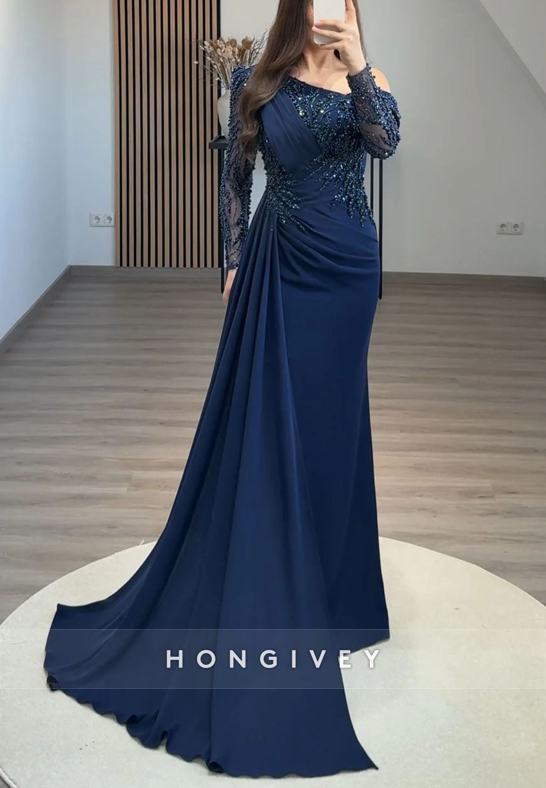 Side Draping Column Evening Gown Floor-Length One Shoulder Long Sleeve Beading Formal Dresses