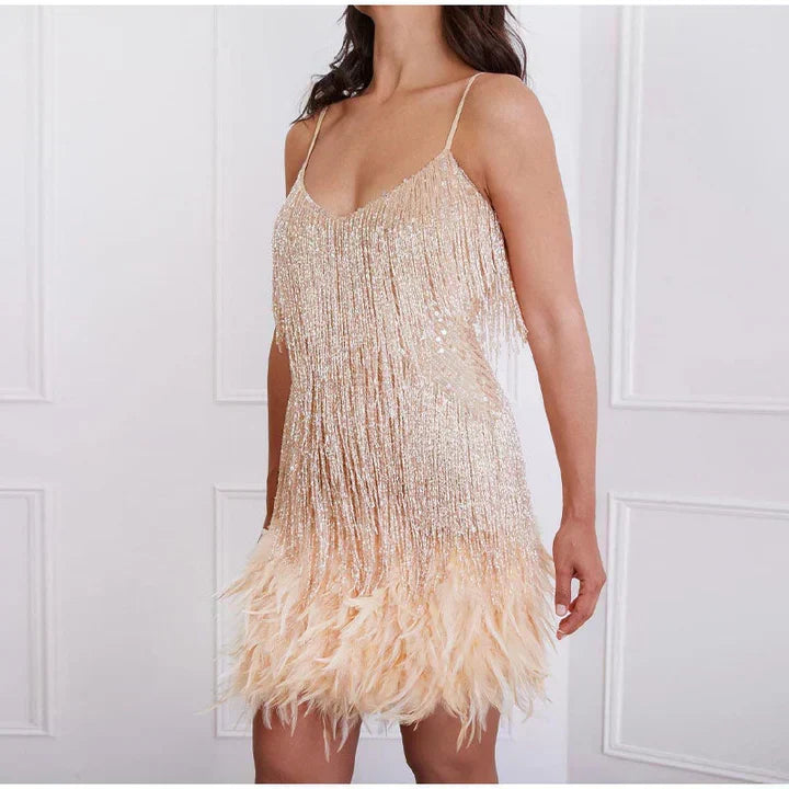 Fringe Tassel Feather Hem Spaghetti Strap V-Neck Mini Cocktail Dress - View 5