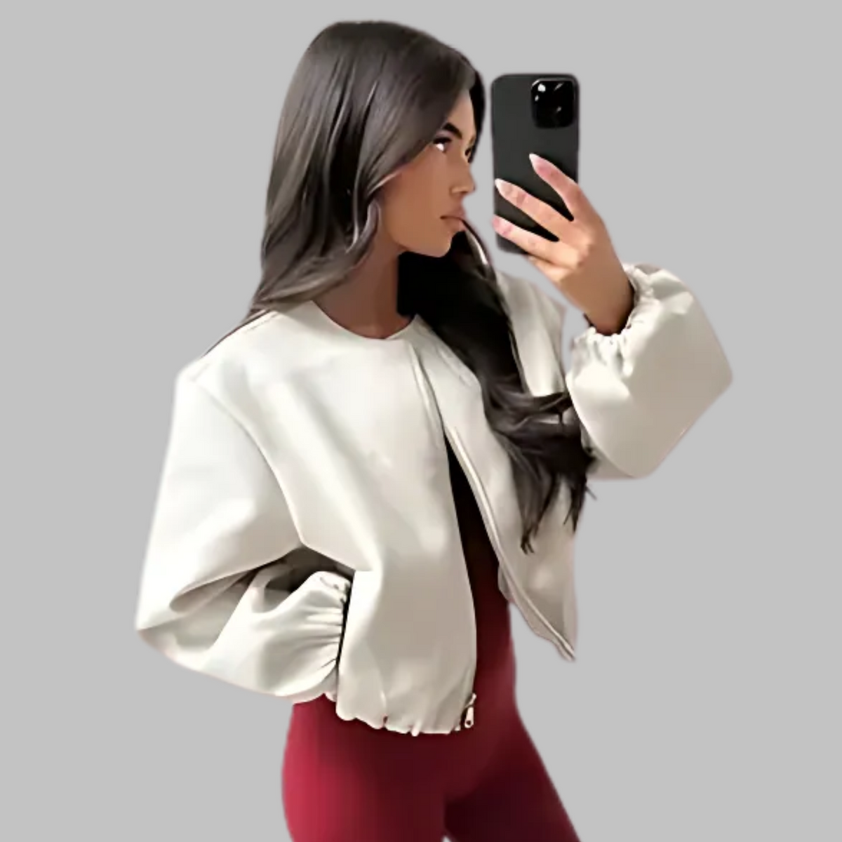 Zip Front Balloon Sleeve Collarless Cropped Bomber Jacket 5
