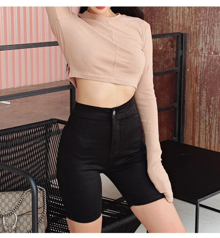 KittenAlarm - High Waist Elastic Thin Denim Shorts Jeans