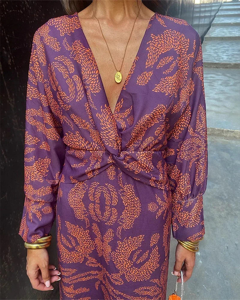 Leaf Print Deep V-Neck Long Sleeve Twist Front Midi Dress 10