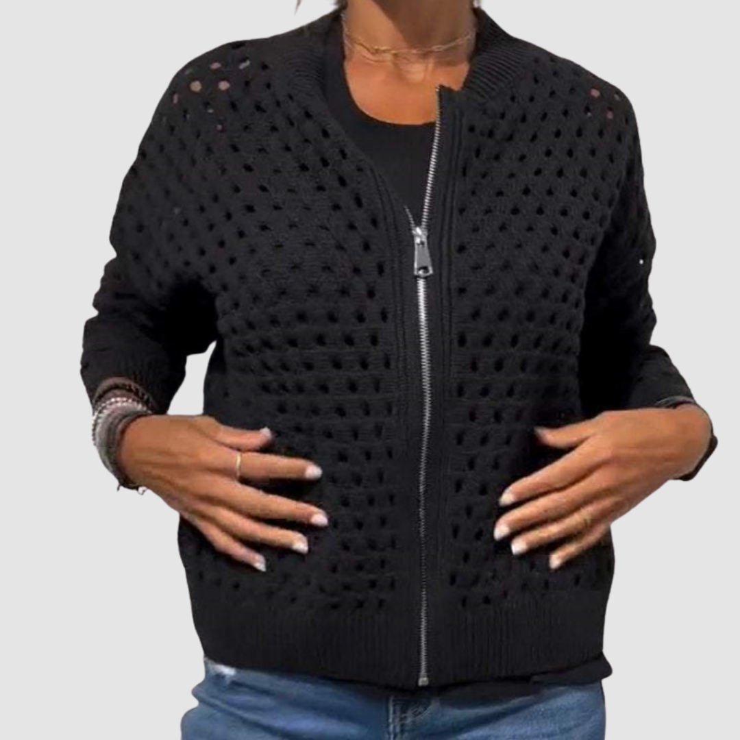Crew Neck Open Knit Zip Front Cardigan 2