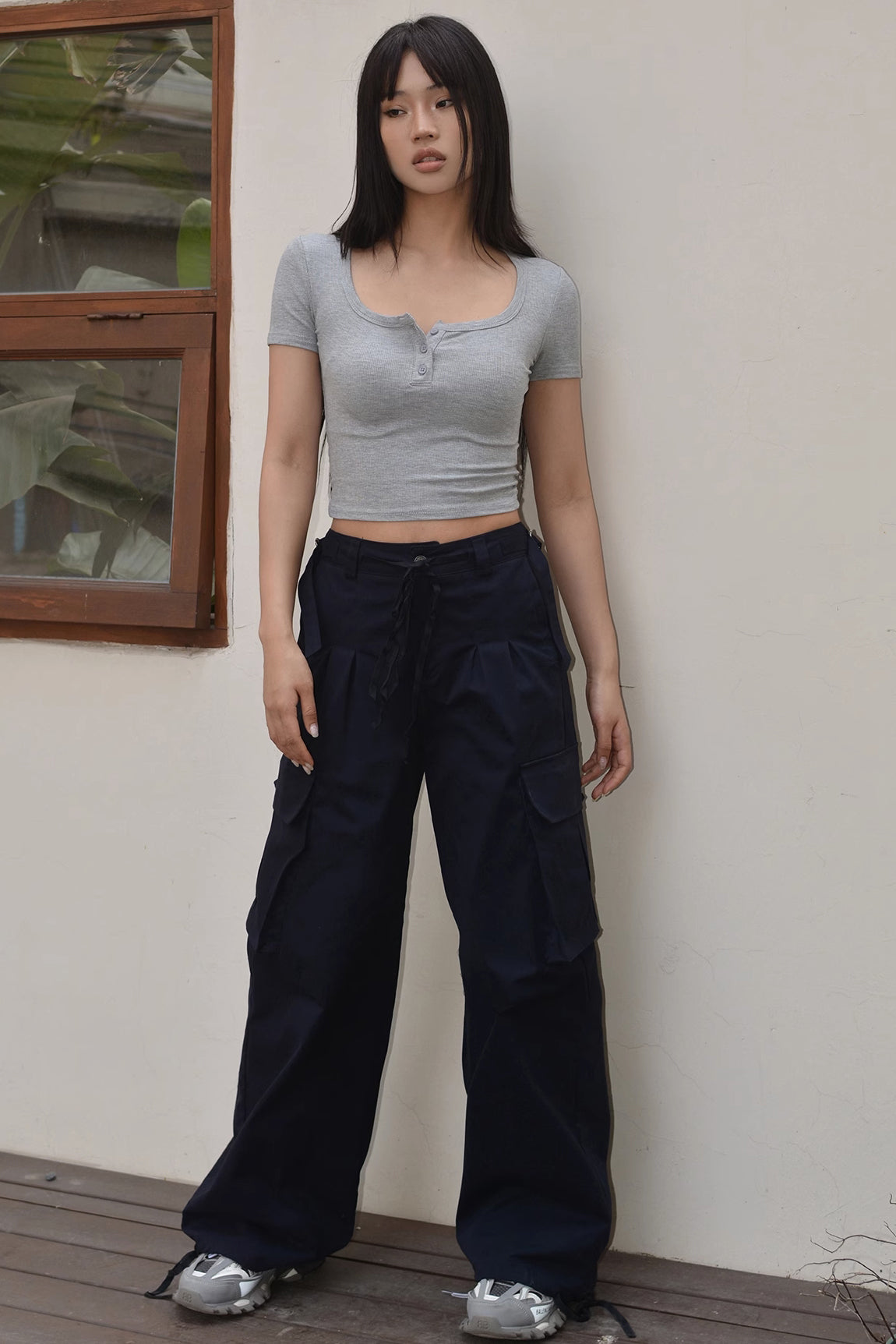 Retro Drawstring Waist Wide Leg Pants