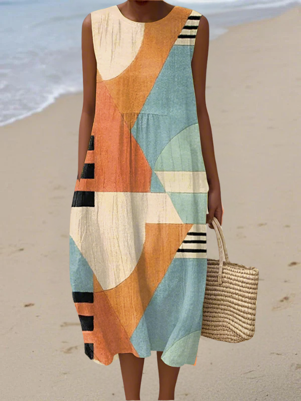 Geometric Colorblock Round Neck Sleeveless Midi Dress
