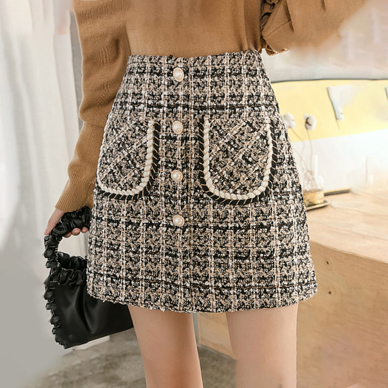 Elegant Pearl Button Wool Plaid Mini Skirts - Fashionpara