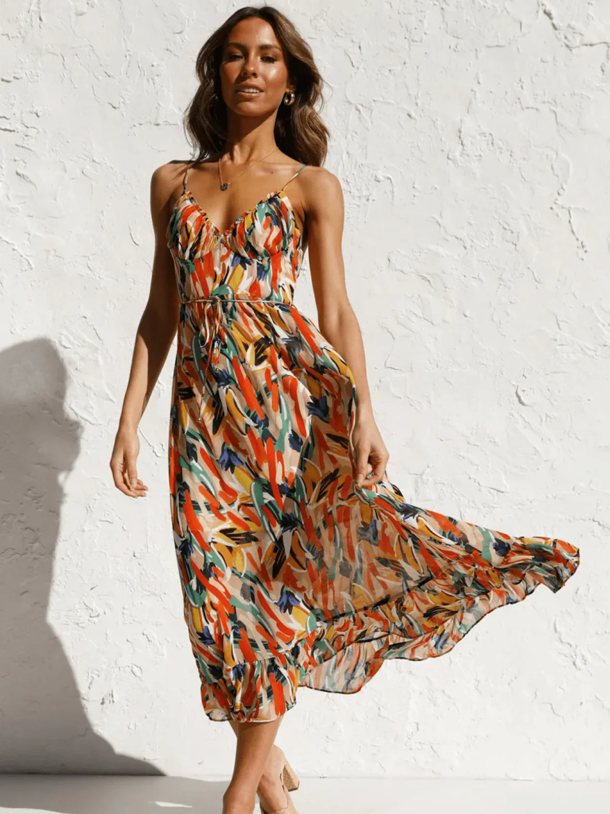 Abstract Print Spaghetti Strap V-Neck Tiered Midi Dress