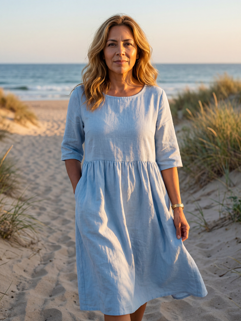 Round Neck Half Sleeve Babydoll Linen Look Midi Dress