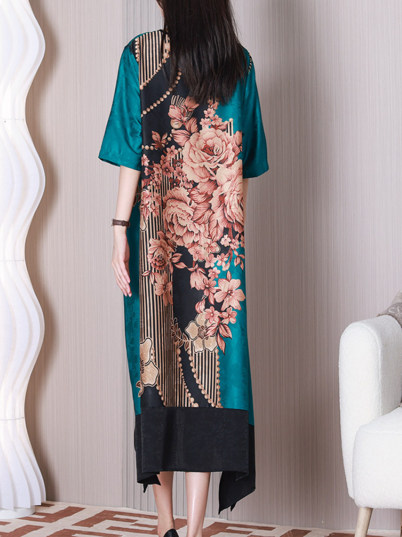 Floral Print Round Neck Contrast-Hem A-Line Midi Dress 2