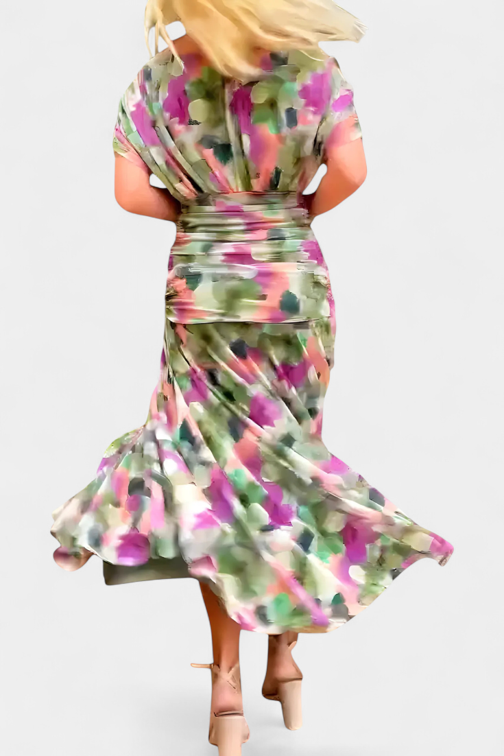Deep V-Neck Ruched Draped Mesh Midi Dress 20