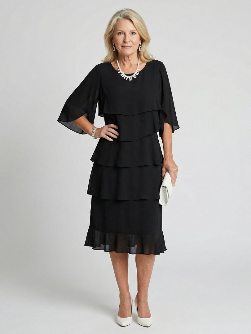Round Neck Flutter Sleeve Tiered Midi Dress