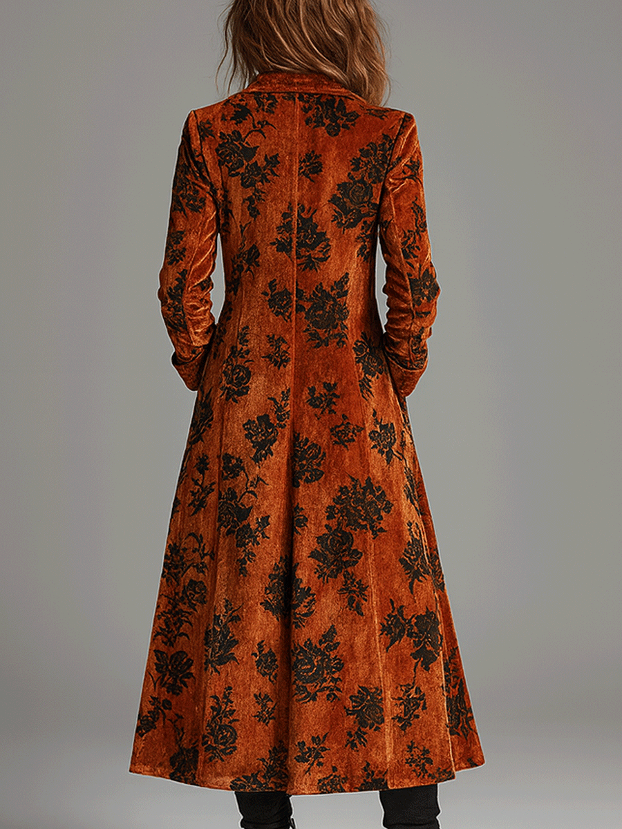 Vintage Burnt Orange Velvet Floral Maxi Coat - Fashionpara