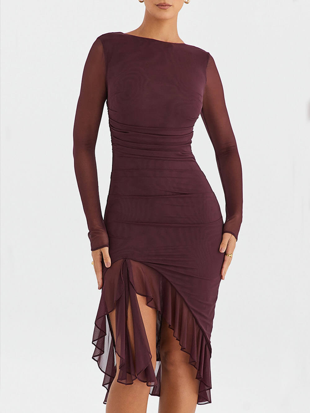 Wine Ruffle Midi Dress - Fashionpara