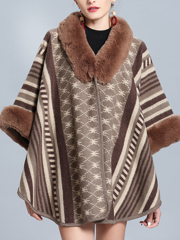 Stripe Bordeus Fluffy Neck Plus Size Cape Cardigan 3