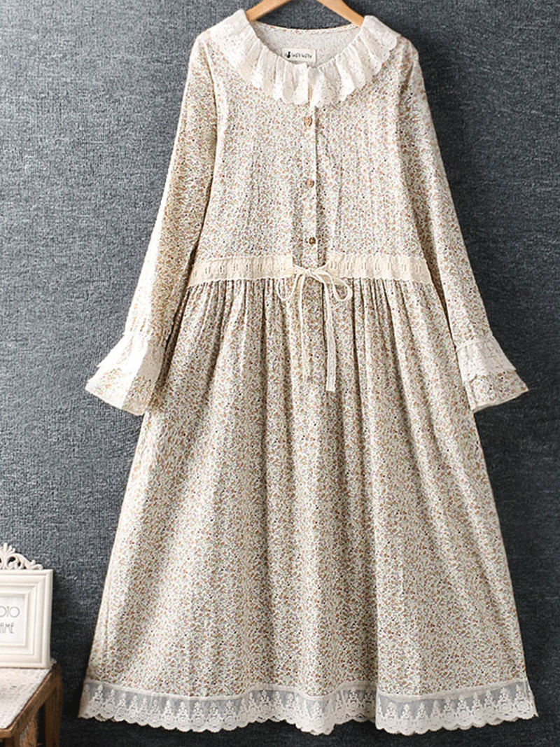 Ditsy Floral Print Lace Collar Long Sleeve Midi Dress - View 2