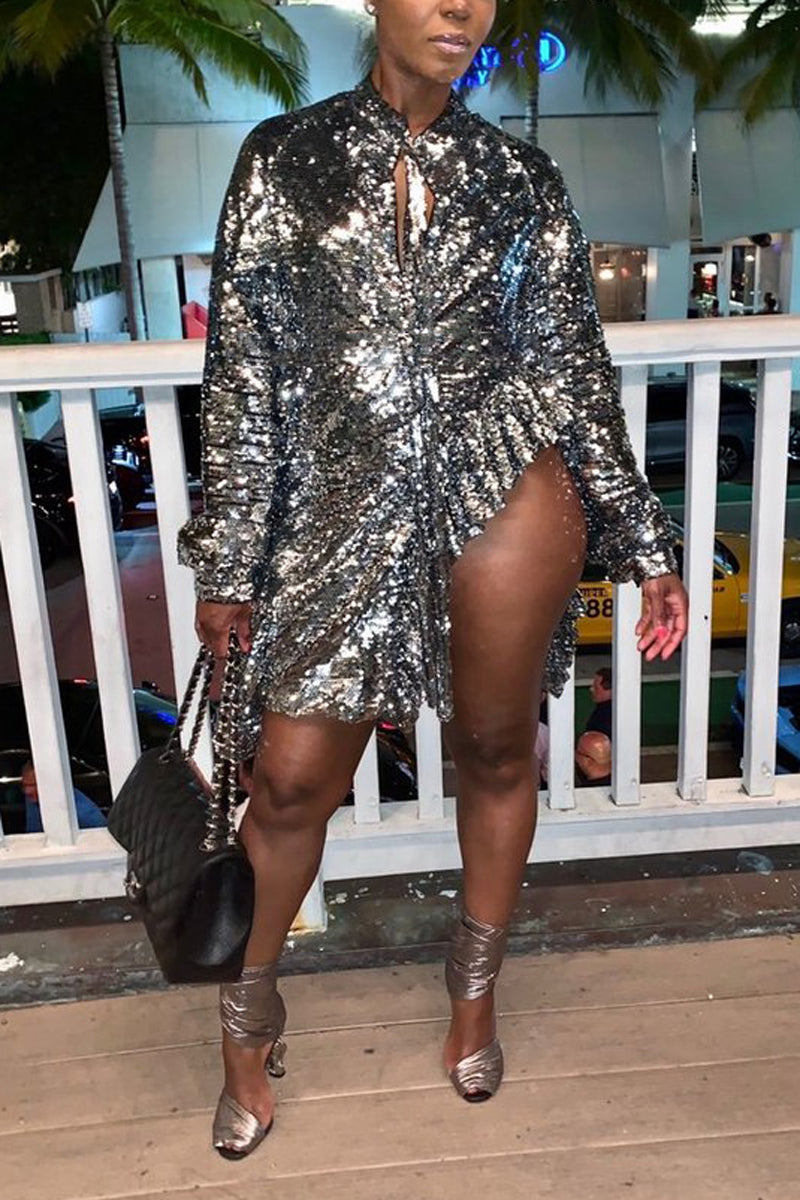 Plus Size Reflective Puff Sleeves Split Mini Dress  Fashionpara