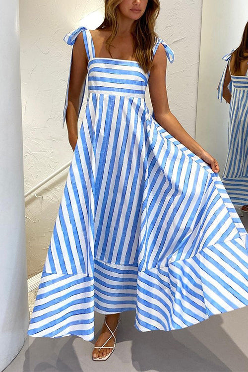 Pocketed Bow Shoulder Striped Swing Maxi Cami Dress - Fashionpara