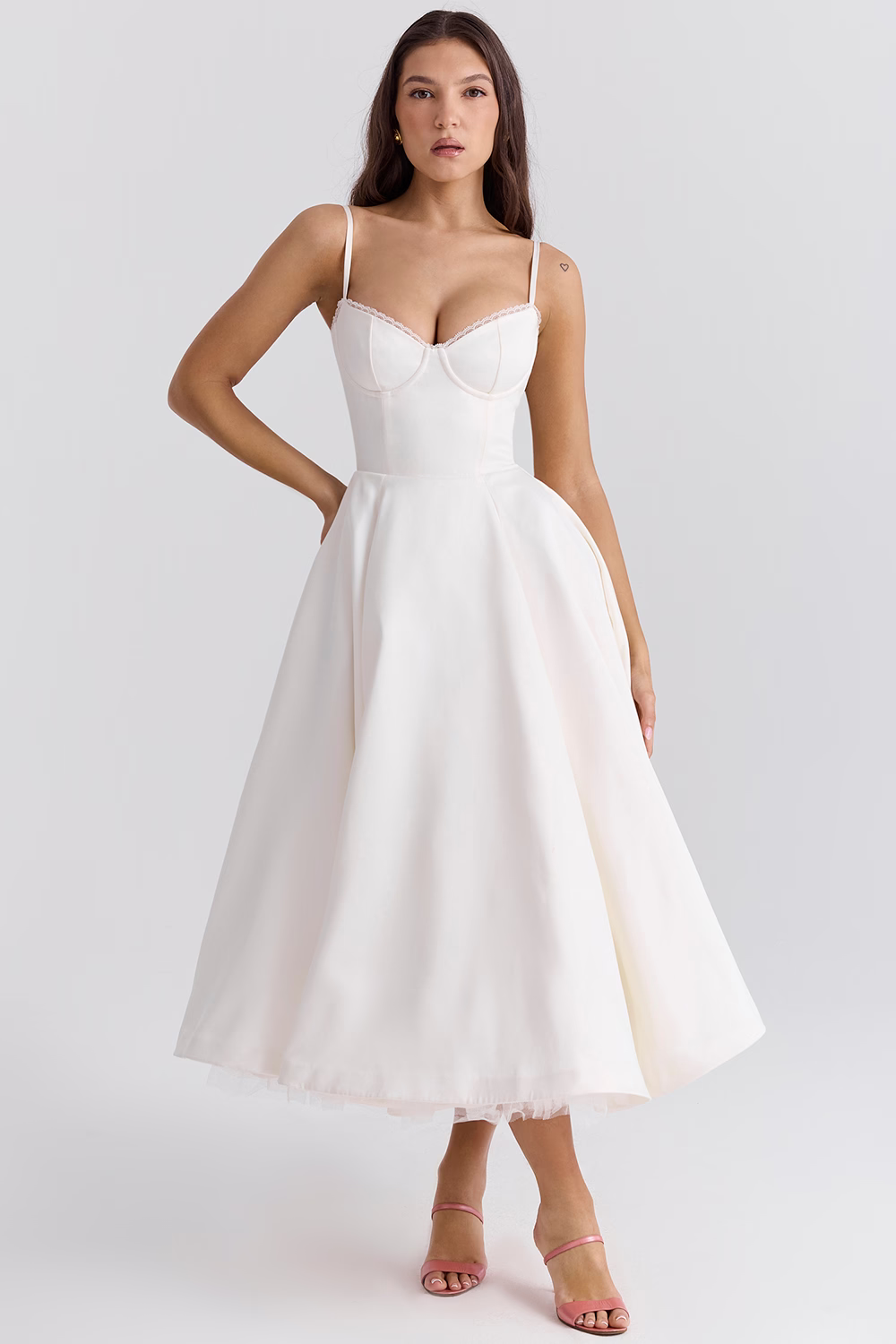 Spaghetti Strap Sweetheart Lace Trim Corset A-Line Midi Dress - View 7