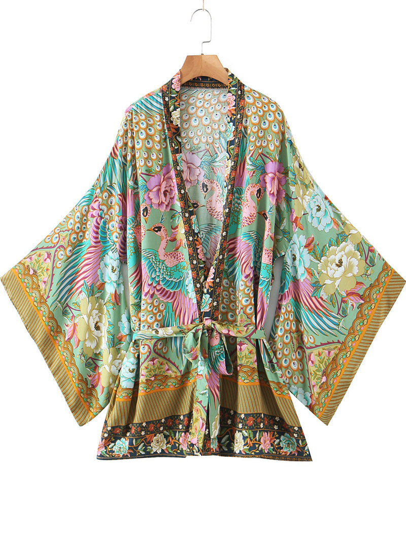 Kimono Floral Birds Print Green Color Cotton Short Gown Kimono Duster - Fashionpara