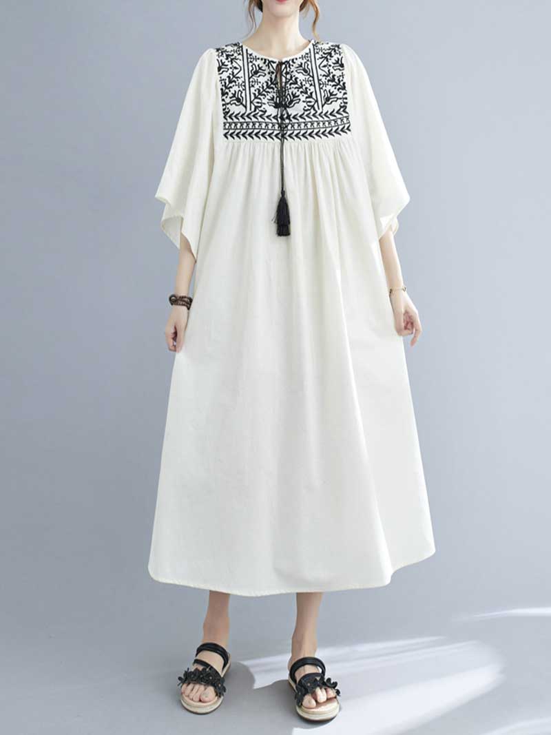 Embroidered Polyester Round-Neck A-Line Dress - Fashionpara