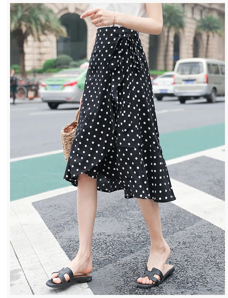 High Waist Irregular Polka Dot Ruffle Skirts - Fashionpara