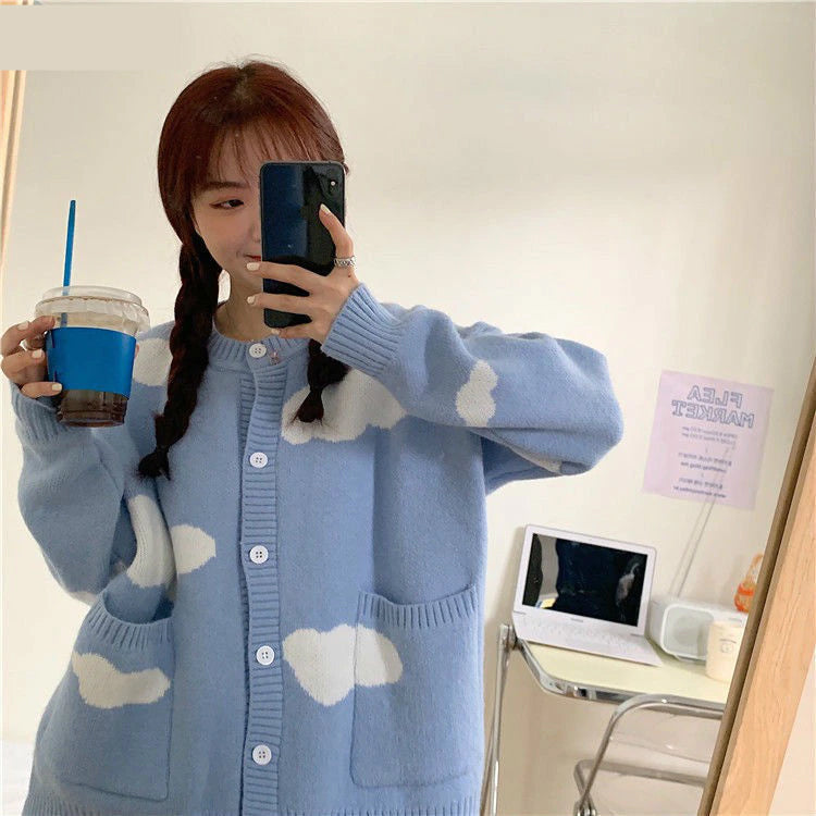 KittenAlarm - Loose Clouds Pattern Knitted Cardigan Sweater