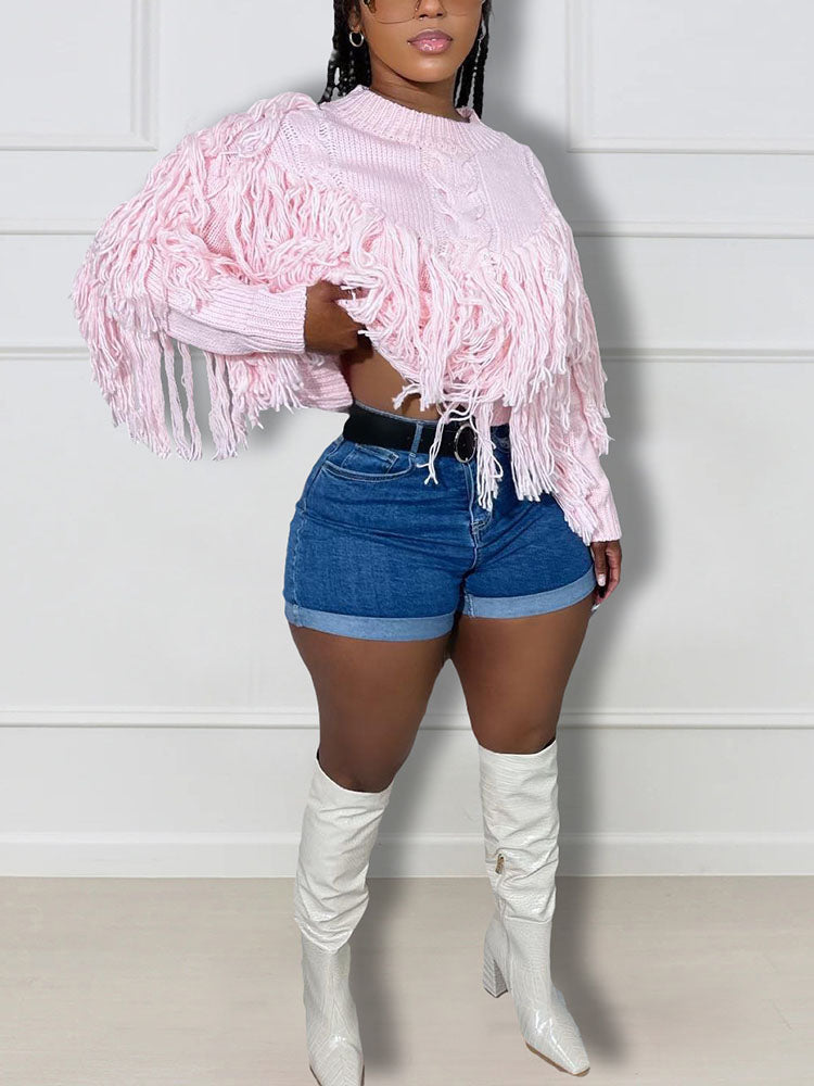 Tassel Fringe Cable Knit Sweater