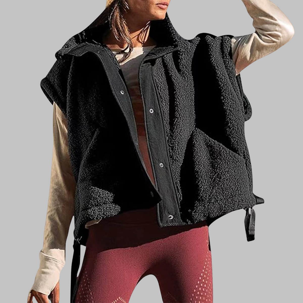 Fleece Stand Collar Button Front Sleeveless Vest