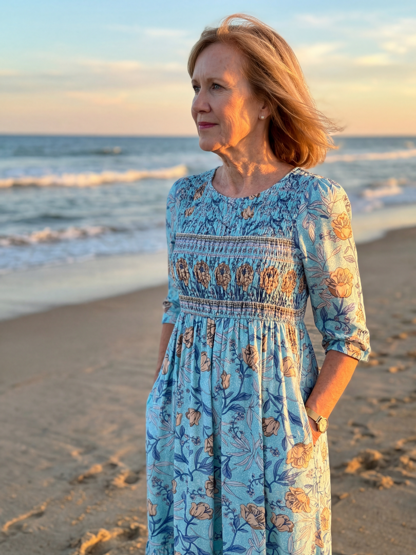 Floral Smocked Bodice Round Neck Midi Dress