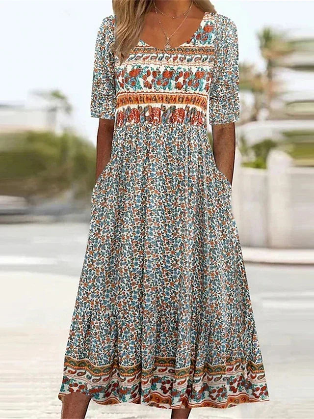 Boho Floral Square Neck Short Sleeve Tiered Midi Dress