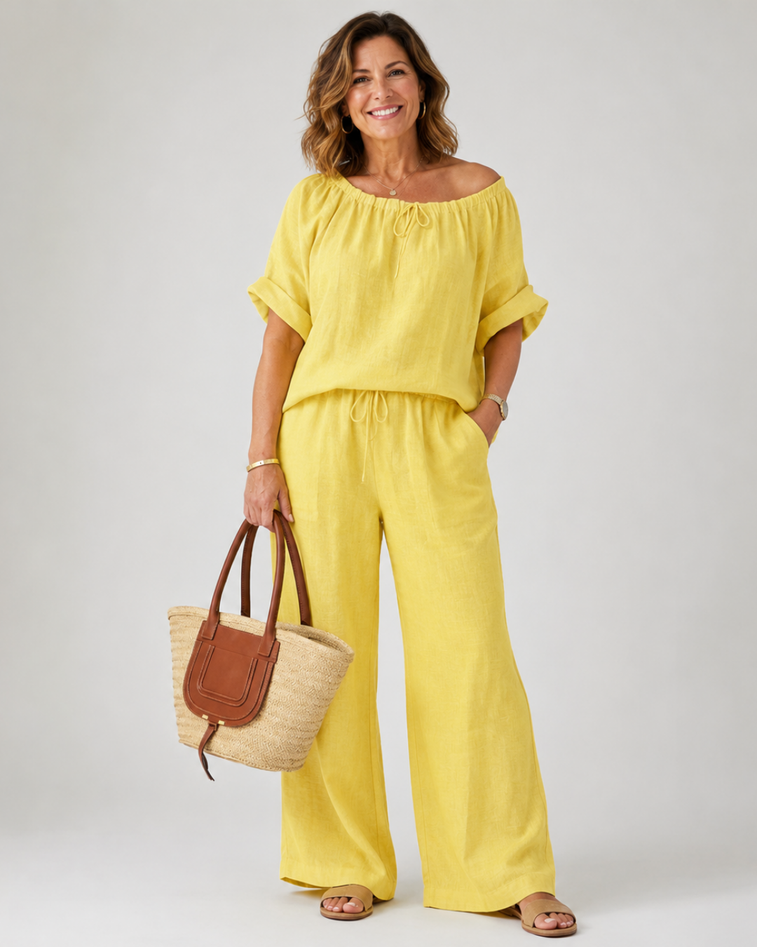 Off Shoulder Top and Wide Leg Pants Two Piece Set 3