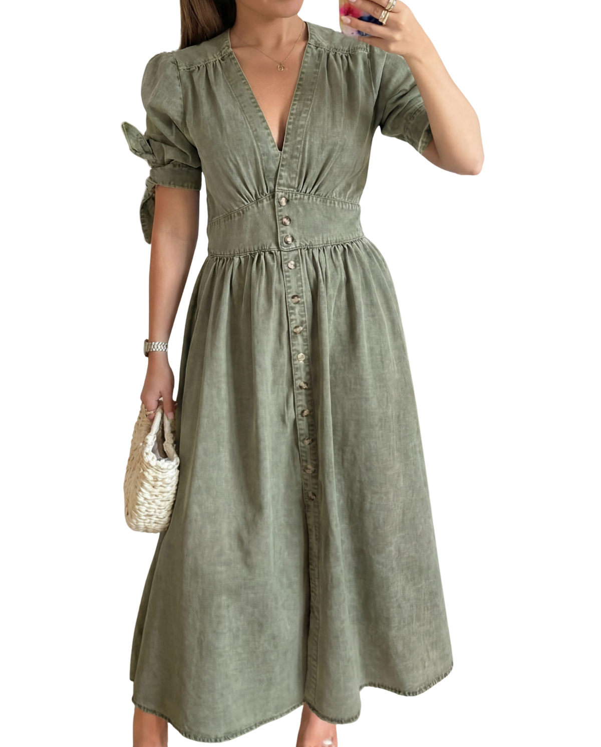 Denim Look V-Neck Tie Sleeve Button Front Midi Dress 3