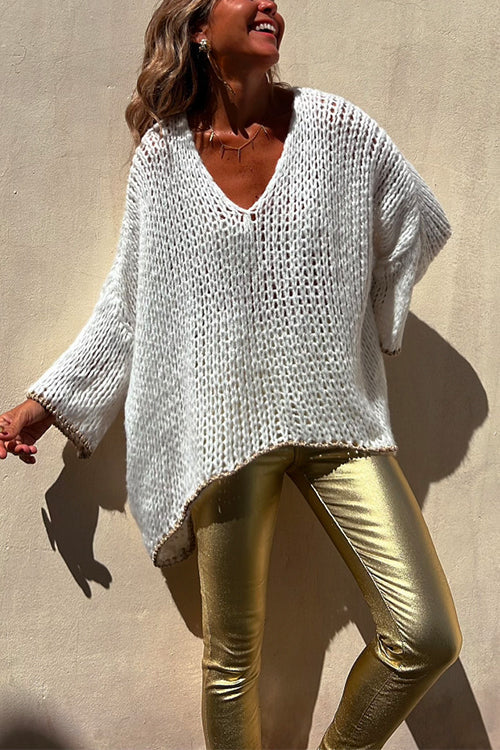 V Neck Dolman Sleeves Irregular Casual Sweater - Fashionpara