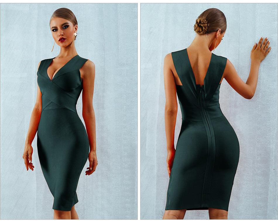 Midstrap V-Neck Bodycon Bandage Dress - Fashionpara