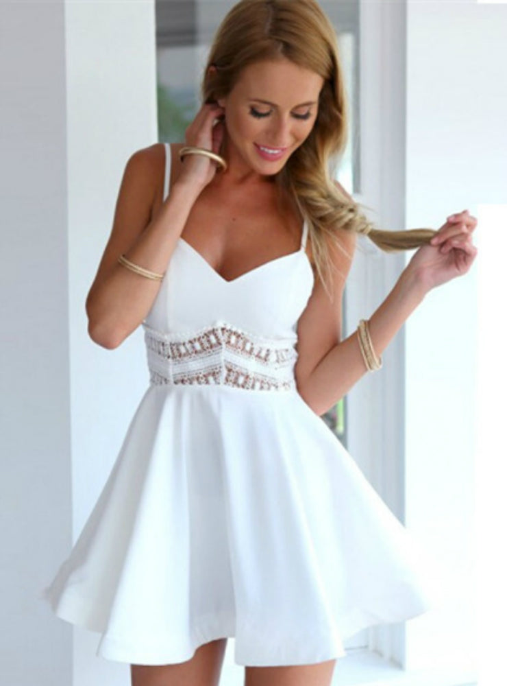 V-Neck Spaghetti Strap Lace Waist Fit and Flare Mini Dress