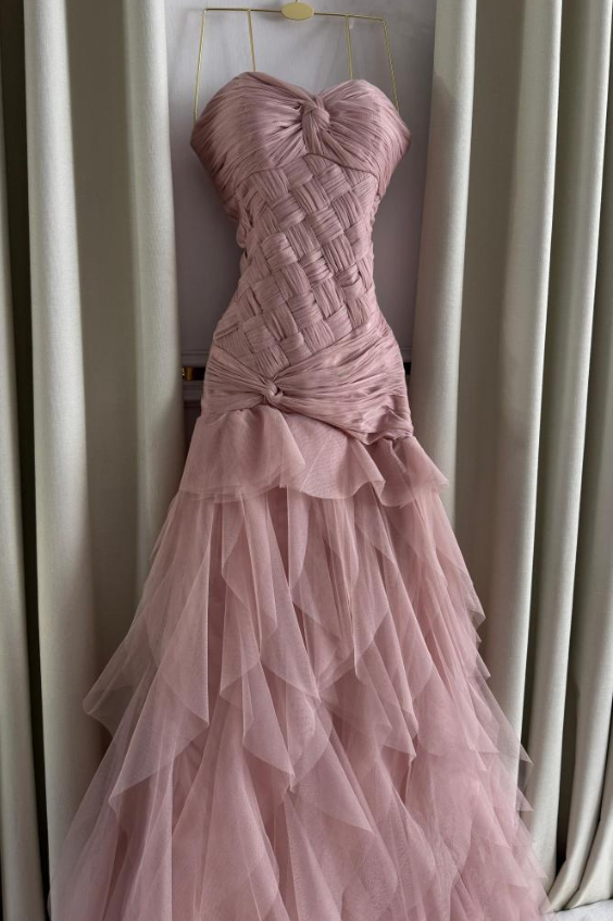 Pretty Pink Strapless Tulle Pleated Mermaid Evening Dress Long Birthday Party Dress D1603
