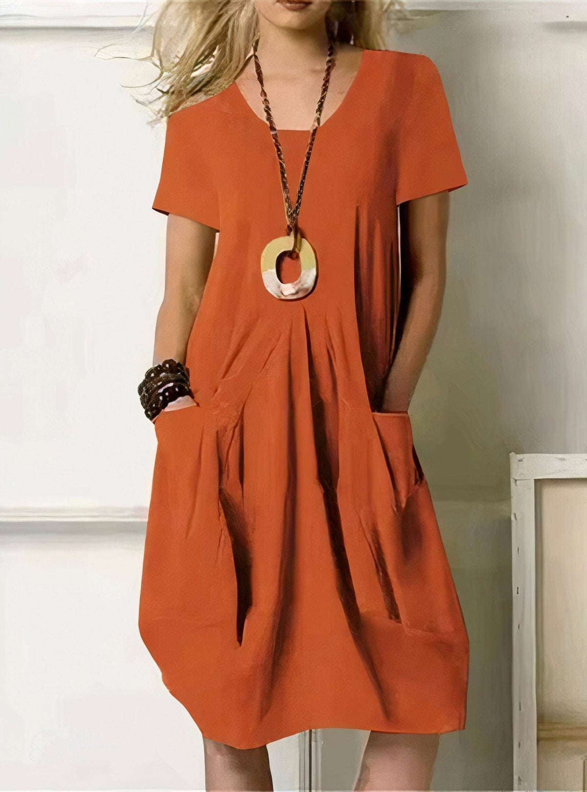 V-Neck Short Sleeve Pocket Cocoon Midi Dress 7