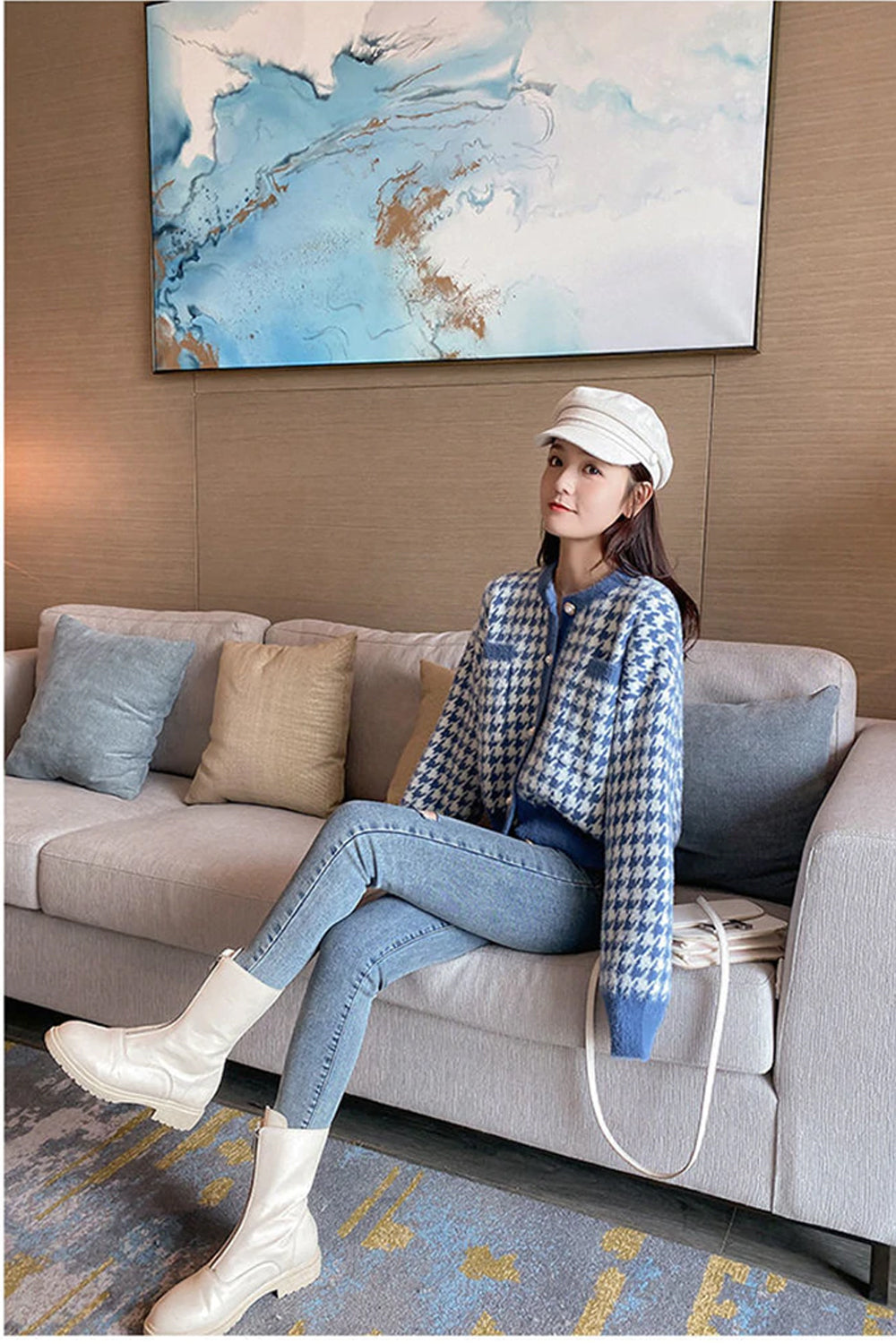 KittenAlarm - Houndstooth Pattern Long Sleeve Elegant Knitted Cardigan Sweater