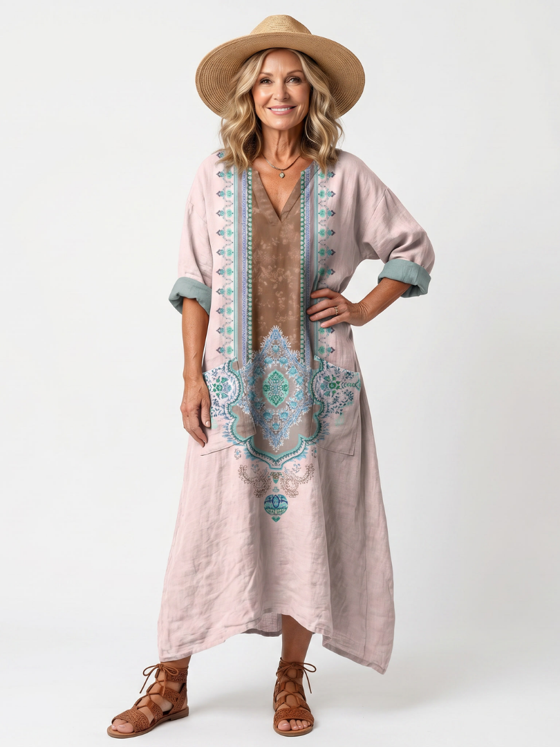 Placement Print V-Neck Pocket Kaftan Midi Dress