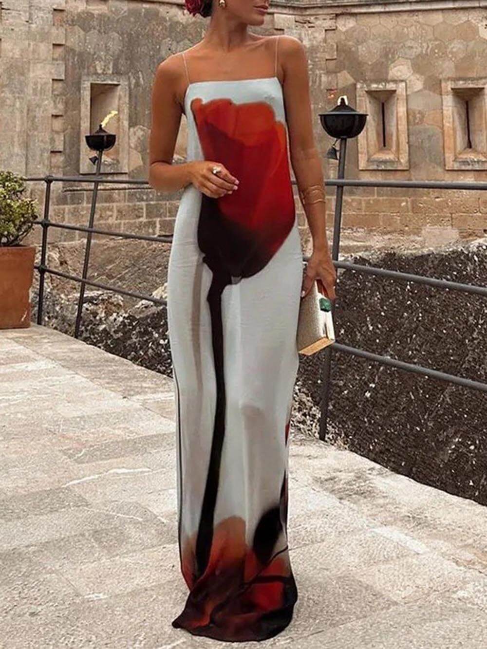 Vacation Abstract Tulip Print Slip H-Line Maxi Dress - Fashionpara