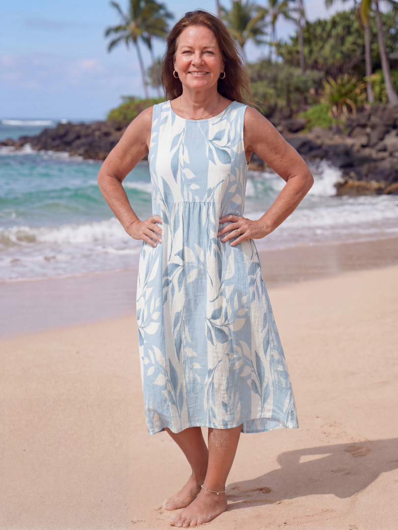 Leaf Print Sleeveless Round Neck Babydoll Midi Dress