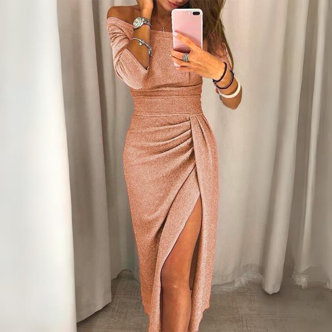 Off Shoulder Long Sleeve Ruched High Split Wrap Midi Dress